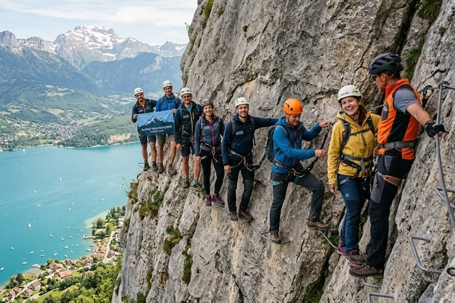 Team building sur une via ferrata près d'Annecy